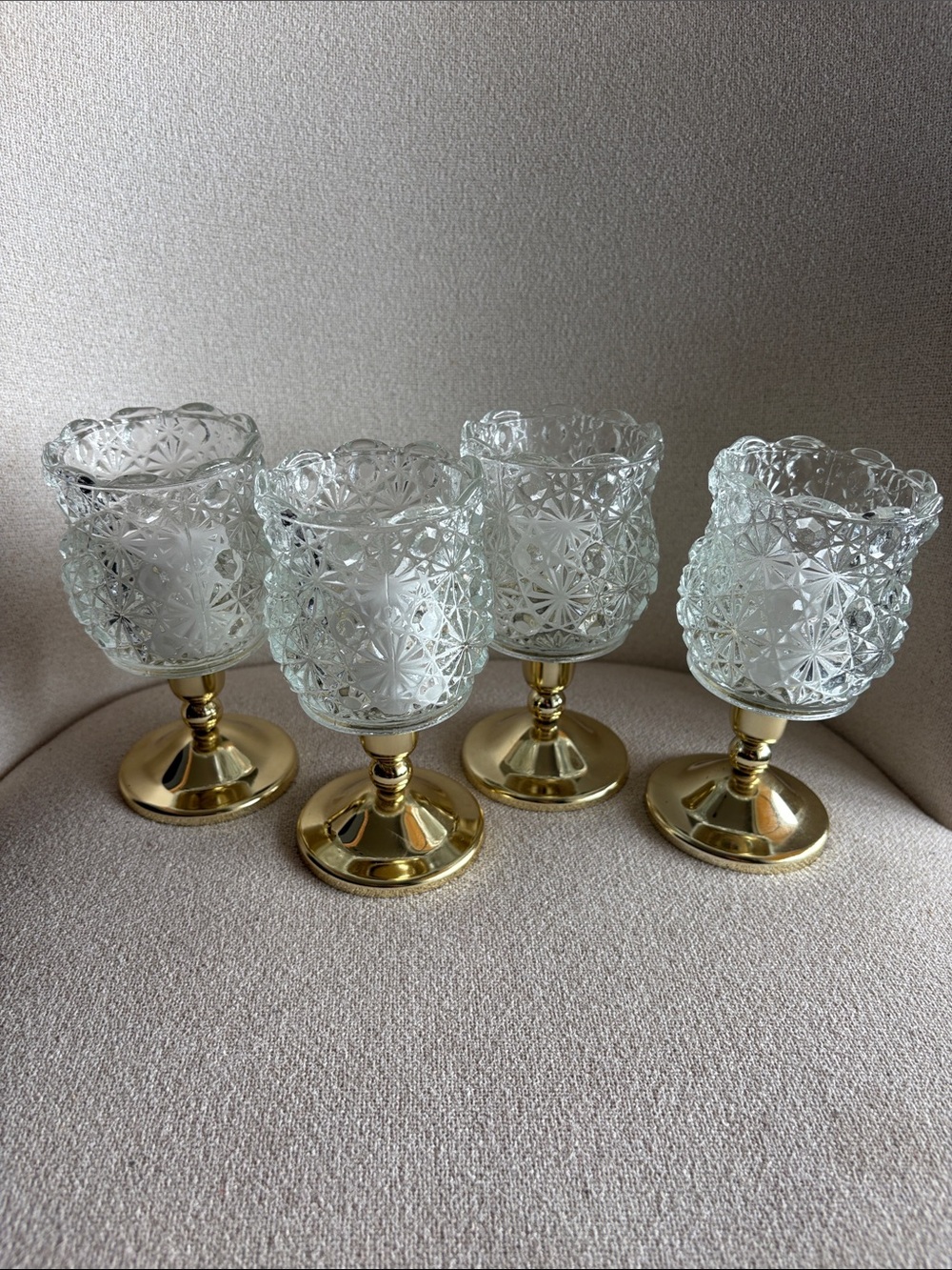 VTG Metal Glow Brass & Pressed Glass Peg Votive Candle Holders - Set of 4